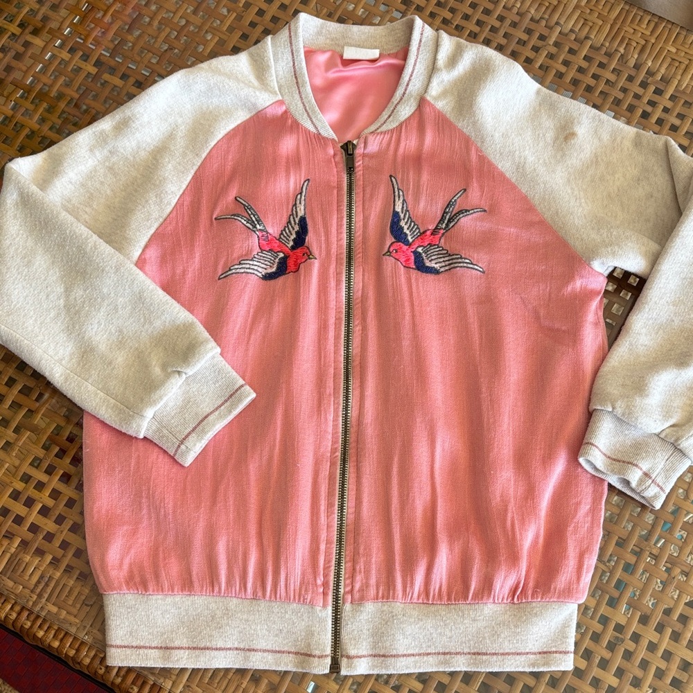 Adorable Zara Pink Satin Embroidered Bird Bomber Zip Up Jacket 9/10